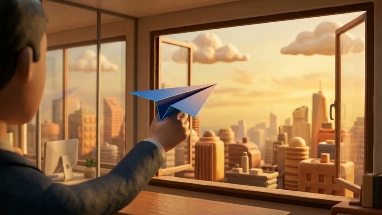 A navy paper airplane being sent out over a warm sunset city.